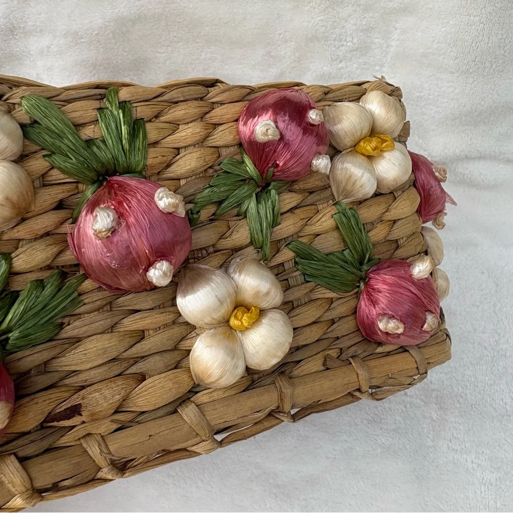 Vintage Handmade Straw Basket w/ Strawberry & Floral with Raffia Trim Handles